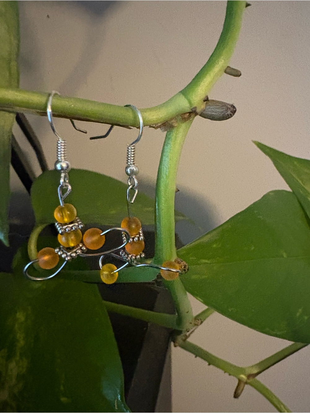 Handmade Orange Bead Drop Earrings - Silver Wire